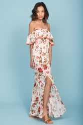 Tuscany Off The Shoulder Maxi Dress White & Red